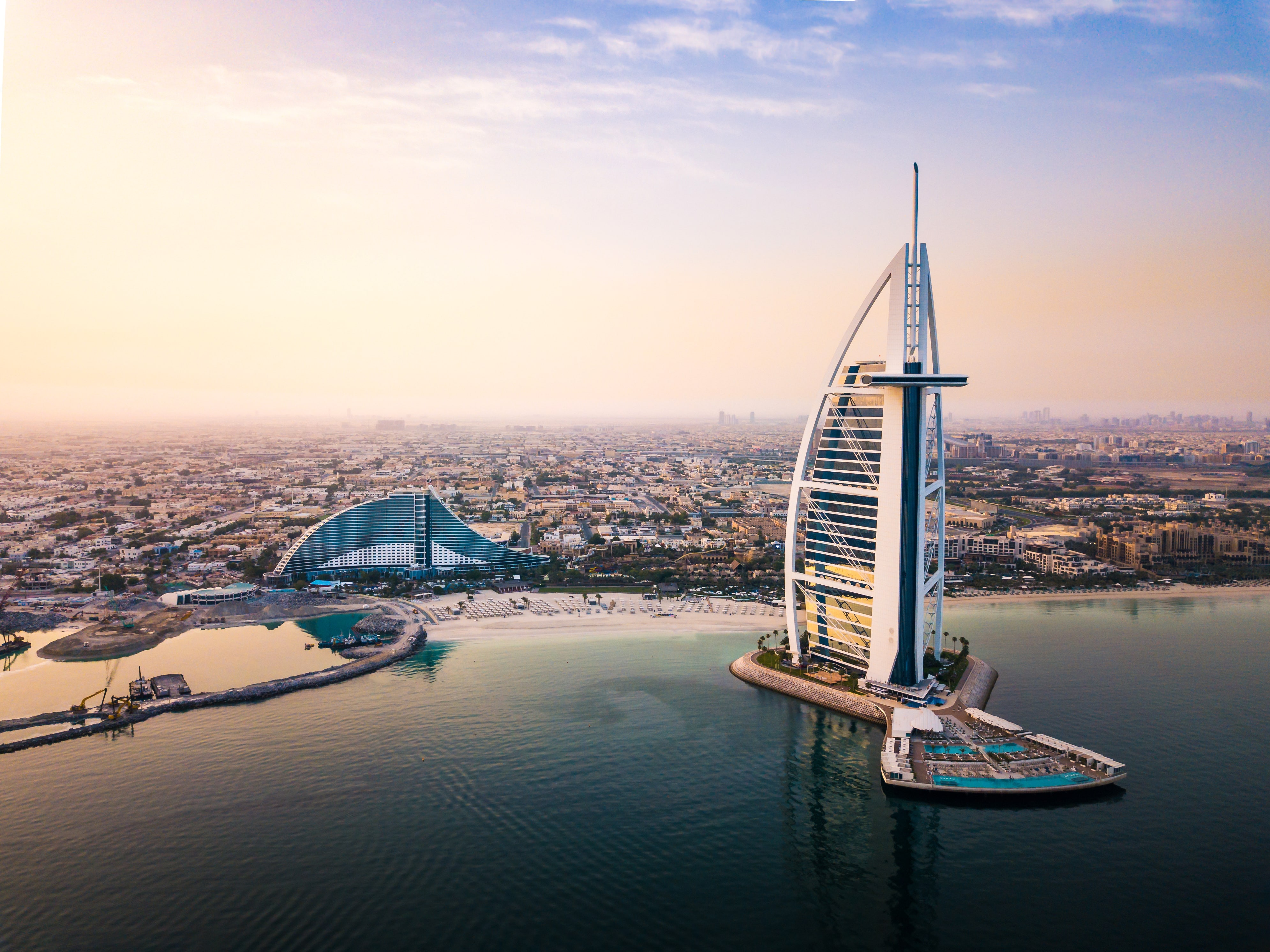 Dubai,Seaside,Skyline,And,Burj,Al,Arab,Luxury,Hotel,Aerial